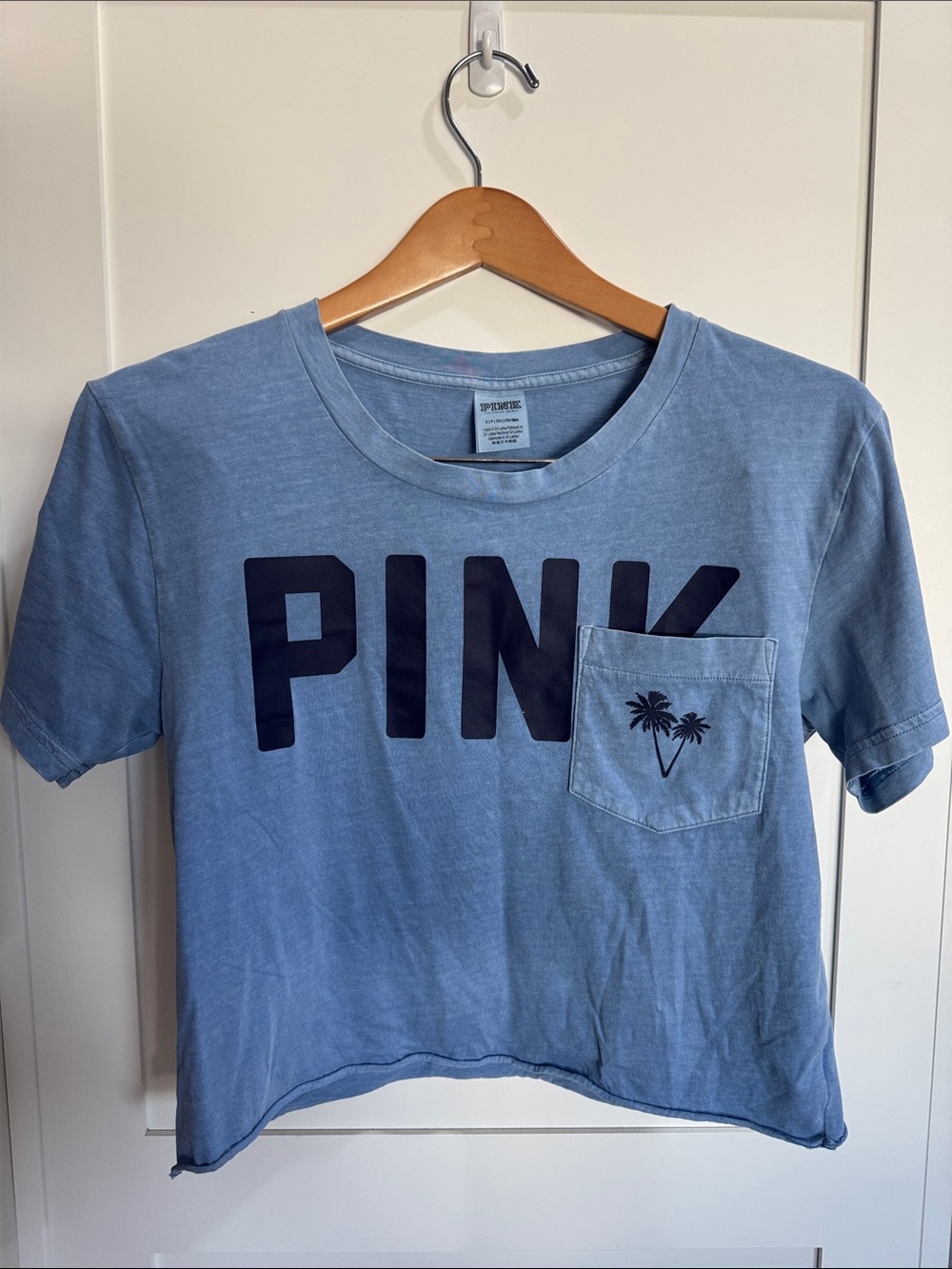 PINK Victoria's Secret Sky Blue Distressed Crop Tee with Navy Logo